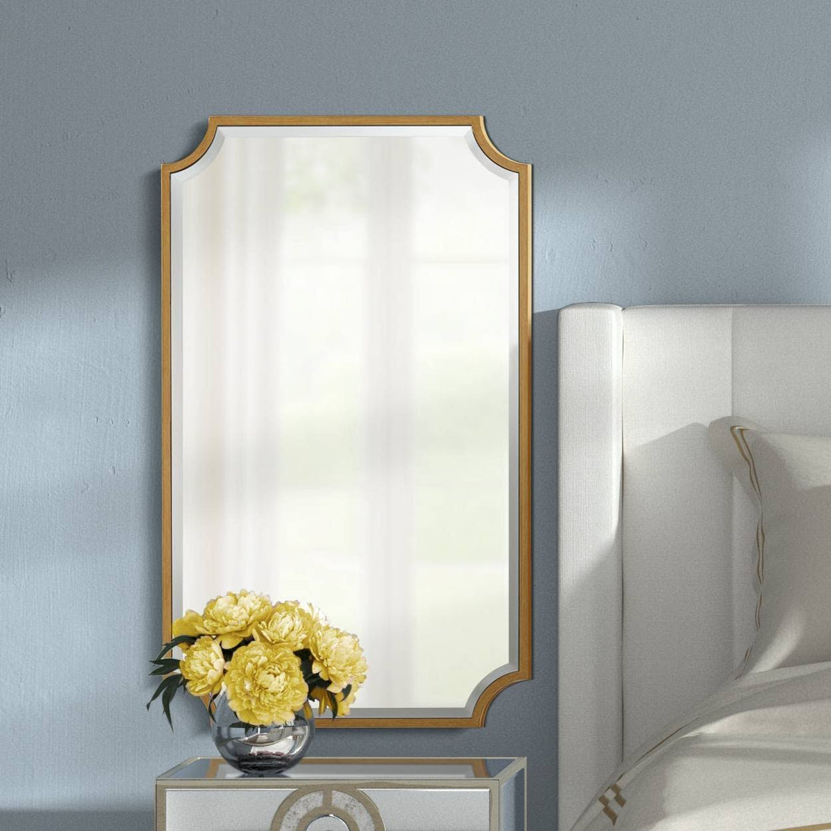 Noble Park Jacinda Rectangular Vanity Decorative Wall Mirror Modern Beveled Rounded Cut Edge Antique Gold Wood Frame 24" Wide for Bathroom Bedroom